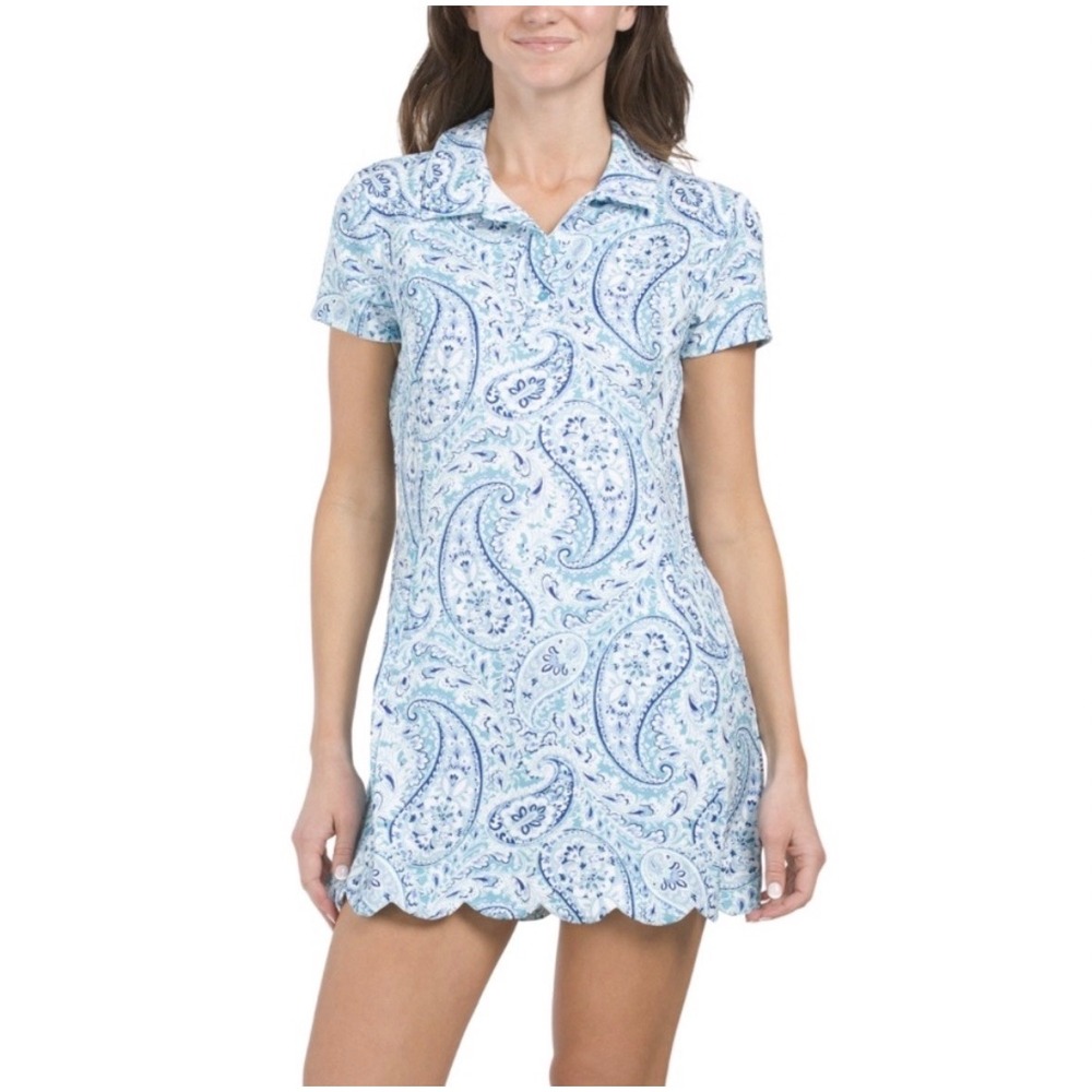 Sigrid Olsen Golf Tennis Dress Womens Blue Paisley Scalloped Hem Shorts Sz S EUC